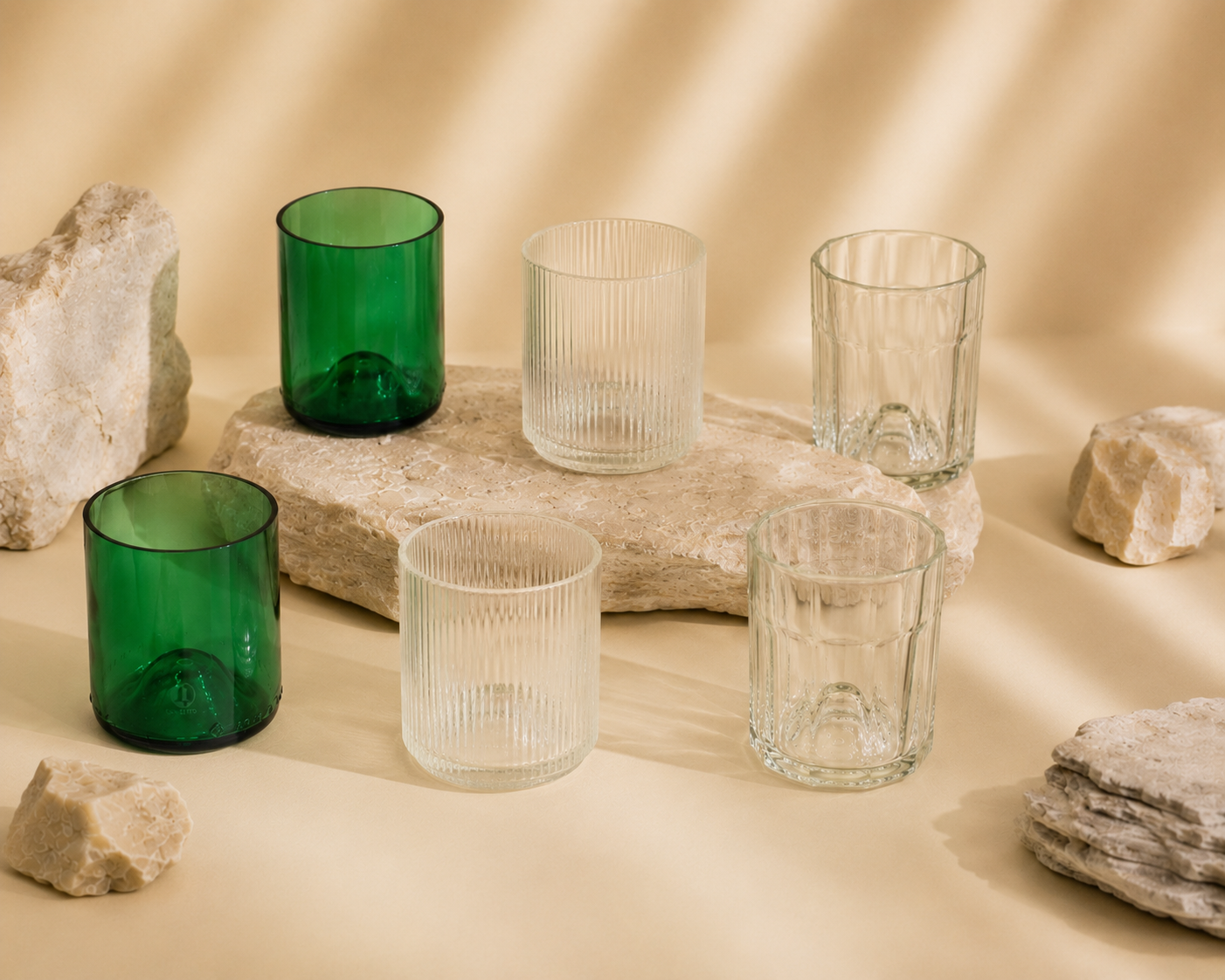 Set di 6 Bicchieri 2 Verdi Smeraldo 2 Rigati 2 Squadrati | Limited Edition