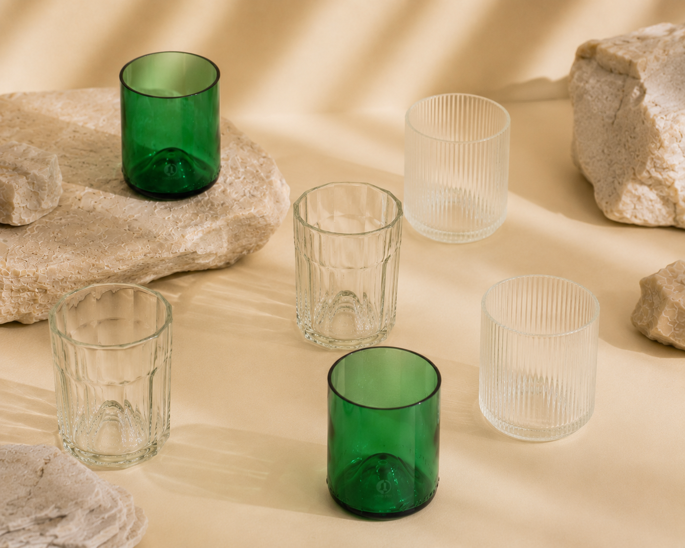 Set di 6 Bicchieri 2 Verdi Smeraldo 2 Rigati 2 Squadrati | Limited Edition